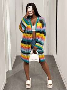 Slaydiva 大码度假海滩彩色条纹镂空针织开衫