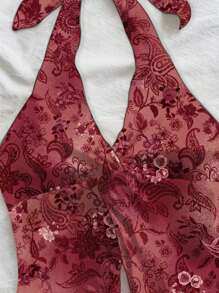 Soleia Fashionable Sexy Red Paisley Printed Halter Backless Tie-Up Twist Hem Slit Cami Top,Rave Top - Multicolor - View 6