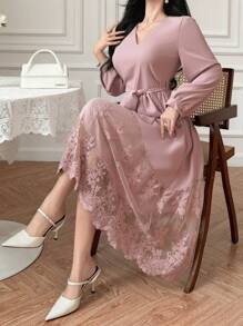 DAZY Váy midi cổ chữ V ren chắp vá thanh lịch, dành cho khách dự tiệc cưới, trang phục thanh lịch, váy dài tay mùa thu, váy dạ hội - Hồng - Xem 4