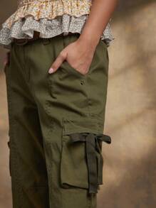 WESTFADE High Rise Utility Cargo Pocket Casual Cute Wide Leg Twill Jeans For Spring Break - Army Green - View 5