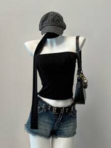 SHEIN EZwear Summer Tops  Black Knit Women's Tube Top, Casual & Fitted