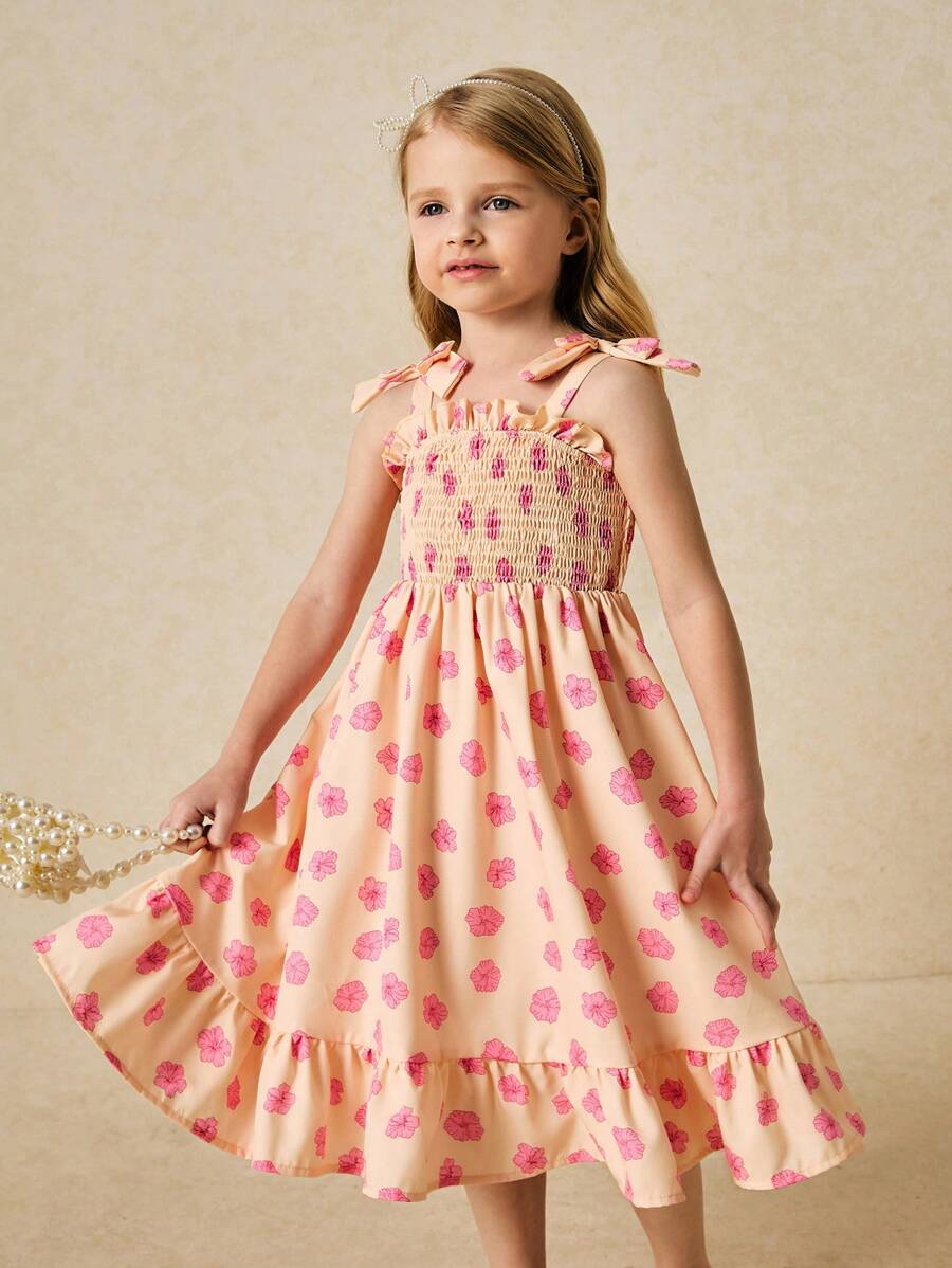 SHEIN Young Girls' Elegant Pink Ditsy Floral Strap Dress, Spring/Summer - Multicolor - View 1