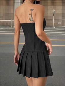 SHEIN EZwear Vestido tipo mini top tubo a rayas, simple y de moda, adecuado para el verano - Gris Oscuro - Ver 2