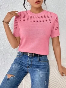 Chiquease Women's Round-Neck Solid Color Short-Sleeved Knitted Top For Summer For New Year Clothes - Pink - View 3