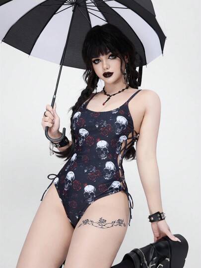 Goth Traje de baño de una pieza con cordón ajustable con estampado de rosa espinosa y calavera gótica, para Halloween