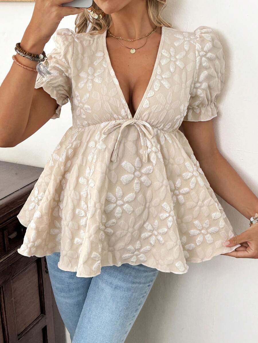 SHEIN 孕妇衬衫，短袖，系腰，褶饰，A 字形褶皱衬衫 - 杏色 - 查看 1