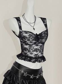 SHEIN ICON Y2k 哥特短款节日派对透视露背波西米亚风性感黑色蕾丝透明短款吊带背心适合春夏日常穿着 - 黑色 - 查看 5