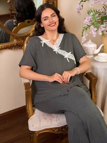 Côtesoire Plus Size Sweet Romantic Soft Bowknot Asymmetric Lace Trim V-Neck Knit Pajama Set With Short Sleeve Top & Long Pants For Home Wear, Outfits - Dark Grey - View 6