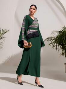 Al Najma 女士几何印花 V 领长袖阿拉伯风格连衣裙 - 墨綠色 - 查看 2