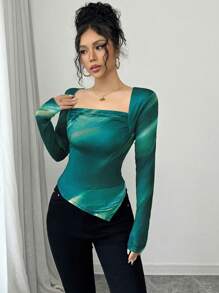 Elenzga Camiseta de punto ajustada con cuello cuadrado, camiseta con estampado de teñido anudado y dobladillo asimétrico, camiseta de punto ajustada con estampado de malla - Verde - Ver 3