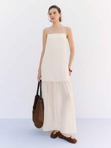 LYSMO 杏色女式荷叶边下摆细肩带长裙 - 杏色 - 查看 3
