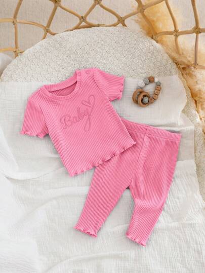 SHEIN Newborn Baby Girl Summer Cute Pink Knitted Short Sleeve Top And Pants Set