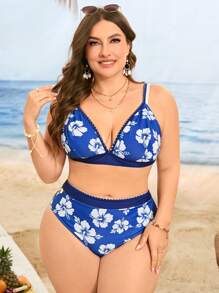 Swim Lushoire Set da 2 pezzi di bikini da donna taglie forti, con stampa floreale, bretelle regolabili, top corto e parte inferiore, moda casual estiva da spiaggia