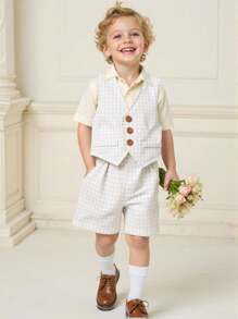 SHEIN 2pcs/Set Toddler Boys' Summer Blue Plaid Button Decor Fake Pocket Vest And Plaid Shorts, Casual Outfit