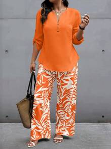Plus Size Women 2pcs/Set Solid V-Neck Cuffed Sleeve Shirt & Tropical Plant Print Pants, Leisure Outfit For Autumn Blouse And Pants Casualpair Pants And Blouseblouse And Pants Setpants And Blouse Setblouse And Pants