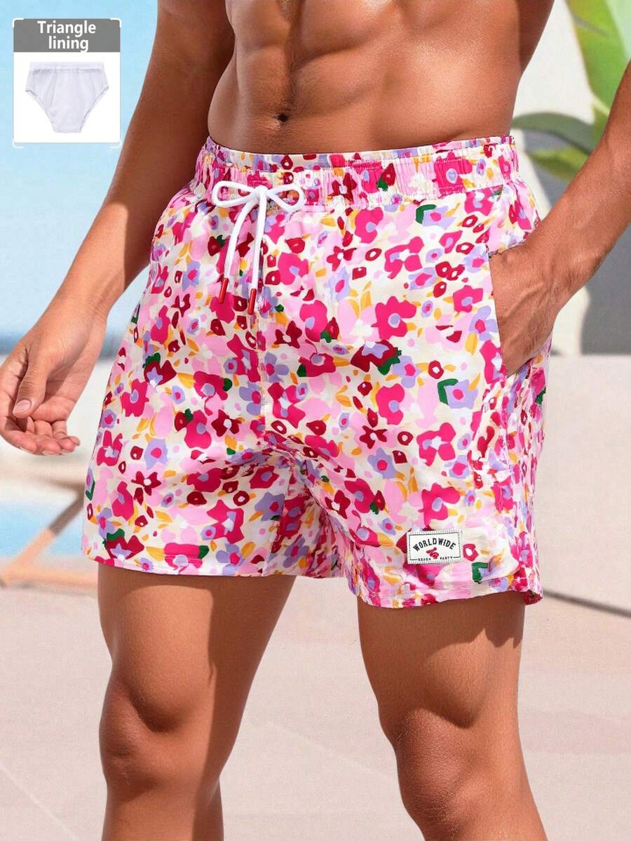 Manfinity Swimmode Men's Ditsy Floral Beach Shorts, Casual Resort Wear - Pink - View 1