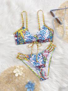 SHEIN Swim Women's Random Print Adjustable Strap 2pcs Bikini Set - Multicolor - View 1
