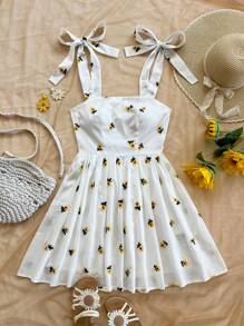 Soleia 女士度假休闲雏菊刺绣束腰系带蝴蝶结 A 字形可爱迷你夏季连衣裙 - 白色 - 查看 6