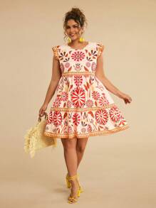 Travachic فستان كاجوال بأكمام قصيرة وياقة طاقم مع طباعة زهرية للنساء البدينات - وردي - مشاهدة 7