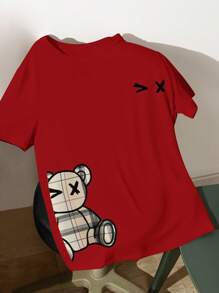 SHEIN PETITE Camiseta de manga corta cómoda con gráfico de oso a cuadros y estampado sexy en el pecho, adecuada para el verano - Rojo - Ver 8