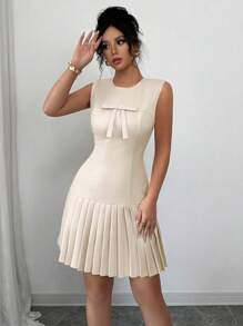 Elenzga Đầm không tay thắt nơ nhún eo phong cách Pháp thanh lịch đa năng - Màu be - Xem 6