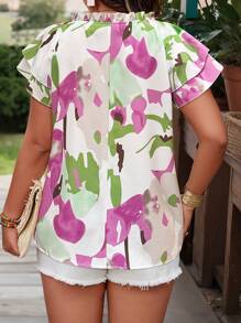 SHEIN Holidaya 大码女式花卉印花度假领带荷叶边袖衬衫 - 彩色 - 查看 2