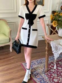 SHEIN Adolescente fete elegante, colegiu, înapoi la școală legare contrast 3D cu papillon, rochie contrastant alb-negru - Alb-negru - Vizualizare 7