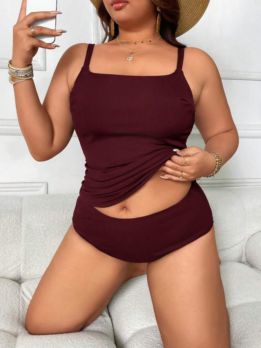 Swim Lushoire Conjunto de tankini de traje de baño con cuello cuadrado en talla grande - Burdeos - Ver 1