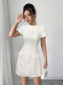 Elenzga 优雅法式格子花呢口袋装饰紧身迷你连衣裙