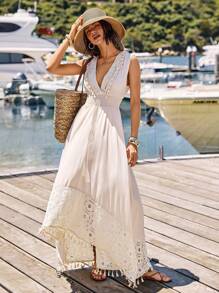 SHEIN VCAY Vestido de mujer con encaje y flecos en el bajo para vacaciones de verano, atuendos de playa para mujer, vacaciones, playa, atuendos de vacaciones para mujer, encaje, vestido con flecos, vestido largo, vestidos casuales - Albaricoque - Ver 2