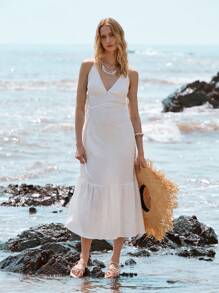 Lumivelle Women's Sleeveless Solid Color Drawstring Dress, Vacation Sexy Elegant - White - View 5