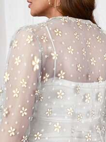 SHEIN Clasi Plus Size Women Floral Mesh 3/4 Sleeve Open Front Crop Top - White - View 7