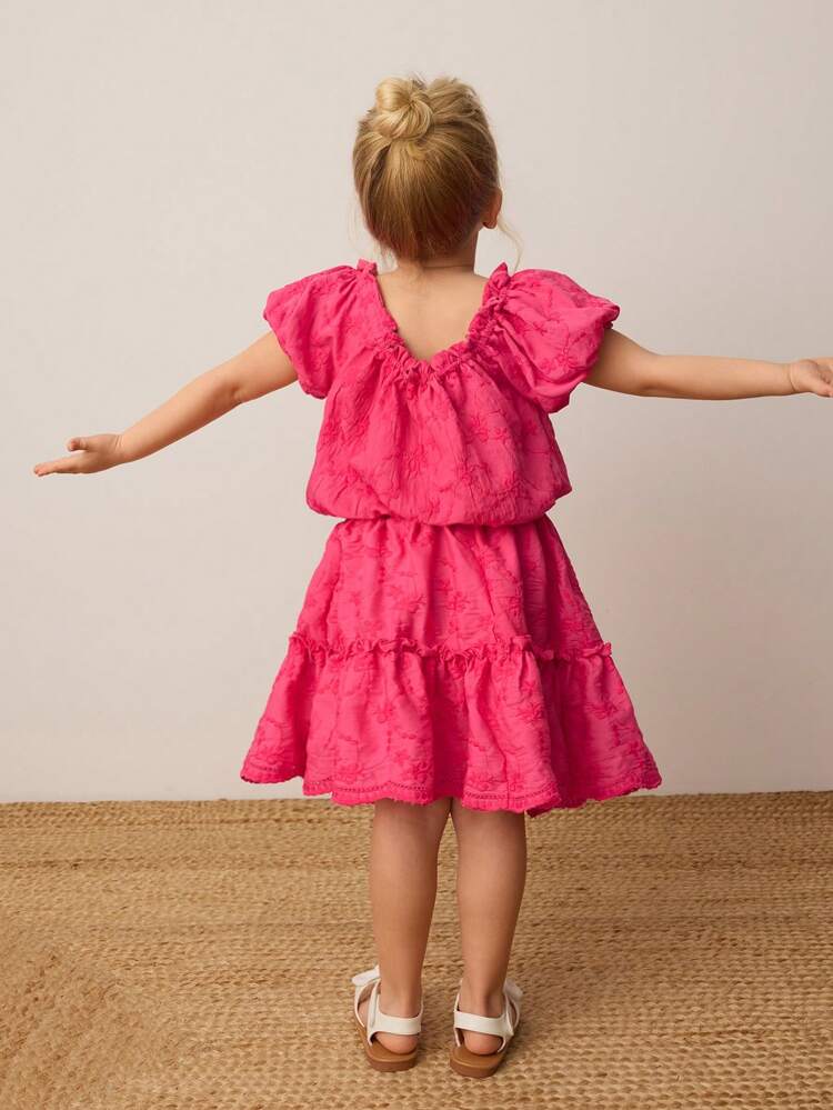 Young Girl Summer 2pcs Set: Solid Color Bow Embroidery Square Collar Petal Sleeve Top & Relaxed A-Line Ruched Flared Hem Skirt, Casual Vacation Bohemian Style