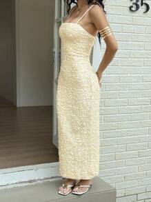 SHEIN Unity Vestido largo ajustado de tirantes de espagueti con lentejuelas de unicolor para mujer - Albaricoque - Ver 3