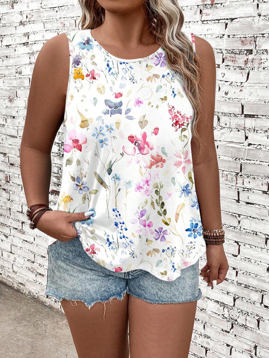 SHEIN LUNE Plus Size Floral Print Camisole And Tank Top Set, Suitable For Vacation Suitable For Going Out - White - View 1