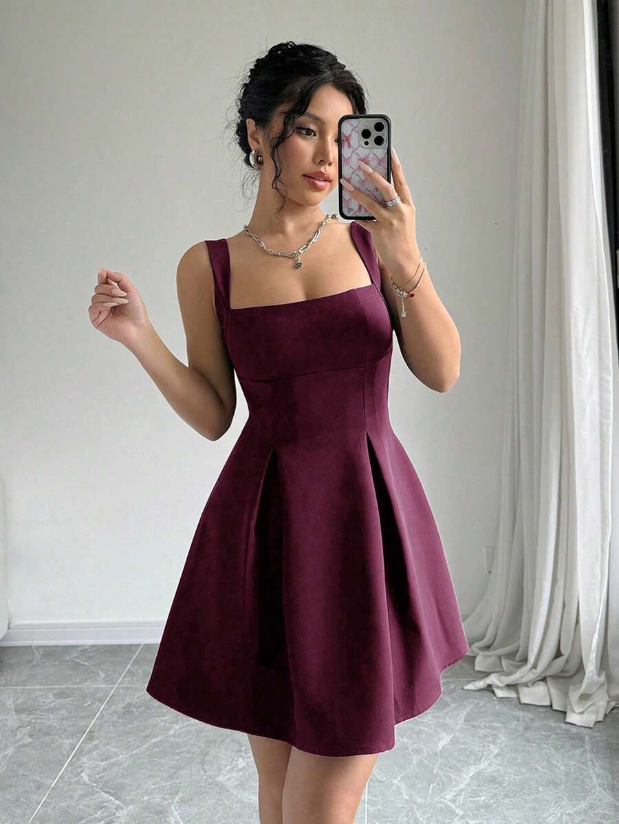 Elenzga Women's Casual Summer Holiday Plain Low-Cut Waist Cinched Dress Mini Short Women Outfit - Redwood - View 1