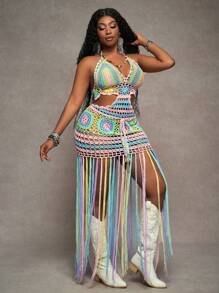 Slaydiva Plus Size Women Colorful Halter-Neck Crocheted Flounced Hem Bodycon Dress - Multicolor - View 6