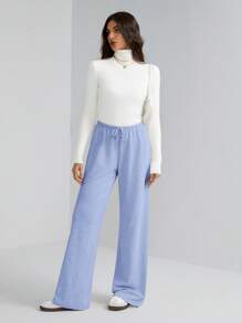 SHEIN Tall Damen einfarbige weiche Strickhose mit Kordelzug in der Taille, locker geschnitten, lässig, Herbst/Winter, Baggyhose, für große Frauen - Blau - Übersicht 3