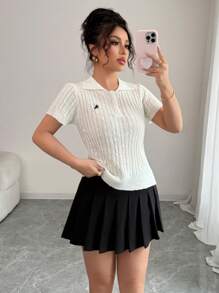 Elenzga Short Sleeve Embroidered Cable Knit Ladies Sweater - White - View 7