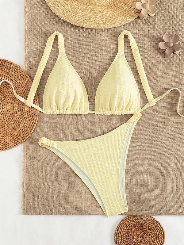 Swim Mod Conjunto de bikini amarillo a rayas informal para mujer talla grande