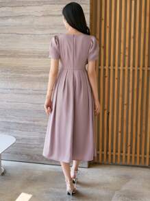 DAZY Solid Color Square Neck Puff Sleeve Pleated Midi Dress For Women Elegant Sundress - Pink - View 2