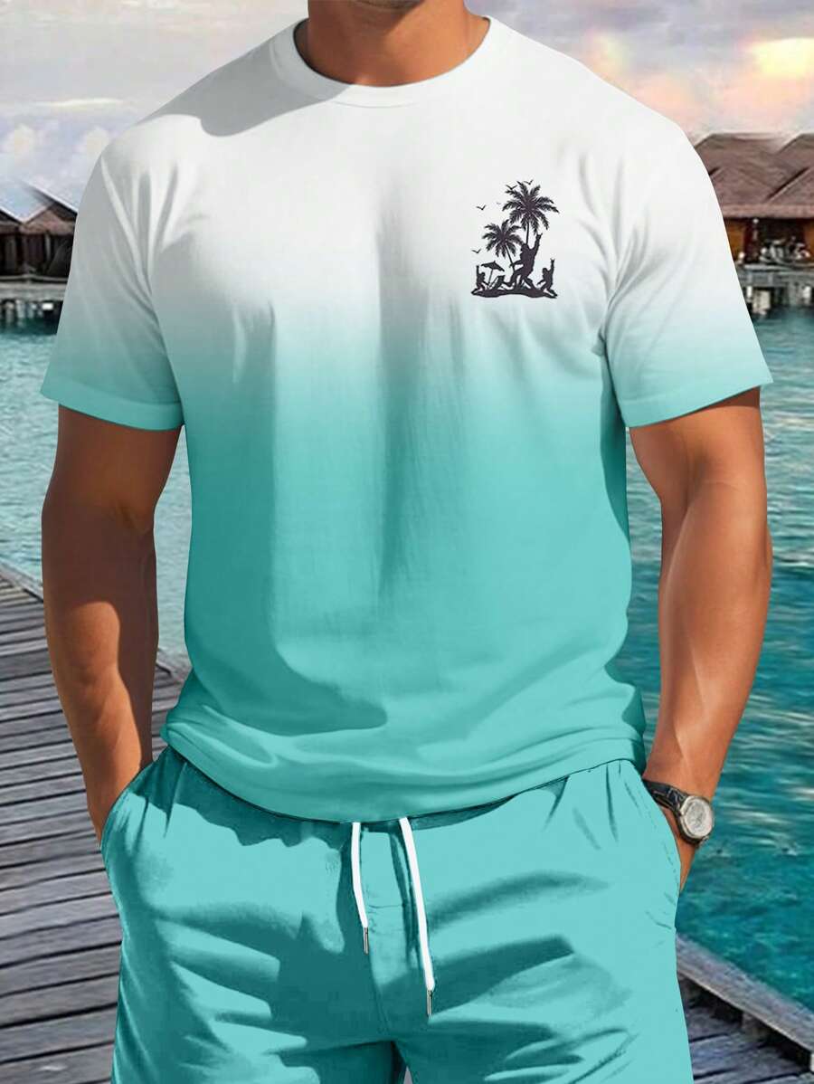 Manfinity RSRT Men's Casual Holiday Gradient Palm Tree Print T-Shirt Beach Tops For Men - Blue - View 1