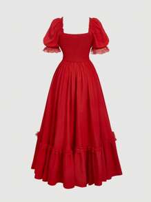 SHEIN MOD 大码红色超长蕾丝荷叶边维多利亚复古超长连衣裙、派对礼服、舞会礼服，工艺精湛 - 紅色 - 查看 2