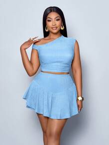 SOLERSUN Maweii Plus Size Women's Slanted Shoulder Top And Asymmetrical Culot Duo Set Valentine's Day Casual Daily Date Party Concert New Year Spring Summer Graduation Season Green Summer Women Outfit St. Patrick's Day - Baby Blue - View 6