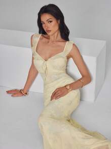 Breezaya 女士夏季花卉印花荷叶边下摆连衣裙，度假节日连衣裙，适合休闲、通勤、约会 - 黃色 - 查看 4