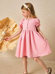 SHEIN Young Girls Elegant Pink Bow Decor Loose Dress For Spring/Summer - Pink - View 3