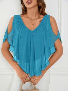 SHEIN Clasi Women's Casual Solid Color Open Shoulder 2 In 1 T-Shirt, Summer - Teal Blue - View 4