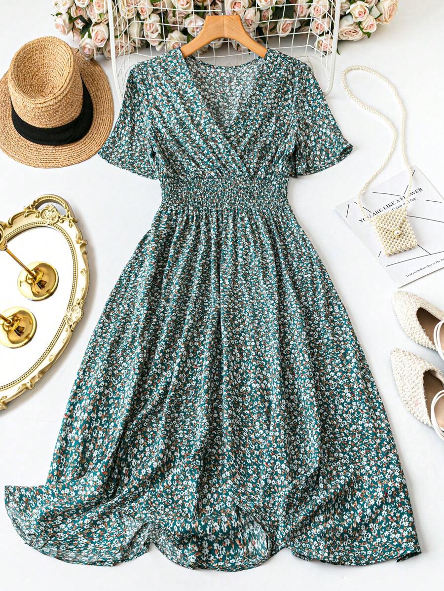 EMERY ROSE Women's Casual Short Sleeve Printed Dress, Random Design Maxi Women Outfit - Green - View 1