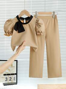 2pcs/Set Girls Summer Elegant Puff Sleeve Shirt & Pants Set
