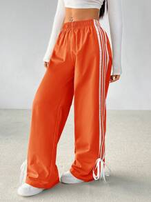 SHEIN PETITE Casual Contrast Striped Drawstring Straight Leg Pants